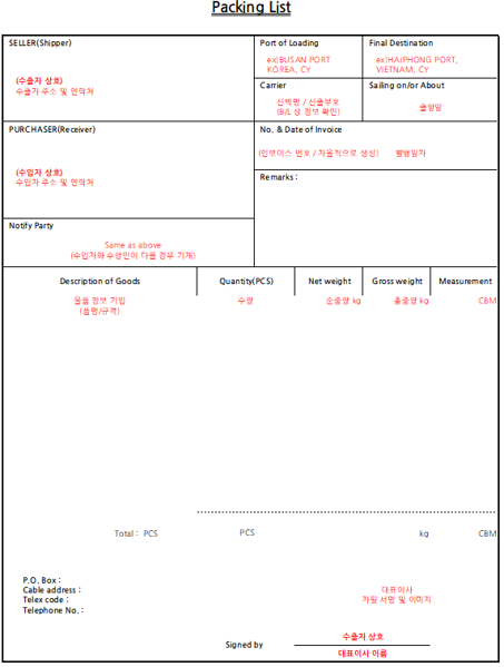 포장명세서(Packing List)